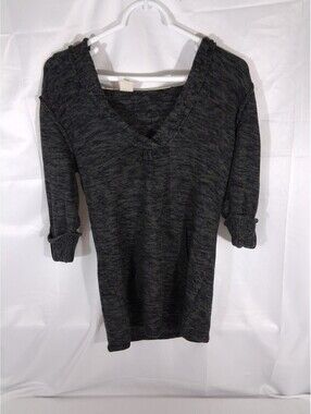 ROXY Womens Knit Hoodie Grey Marled Knit V-Neck Pullover Sweater Space Dye Siz L